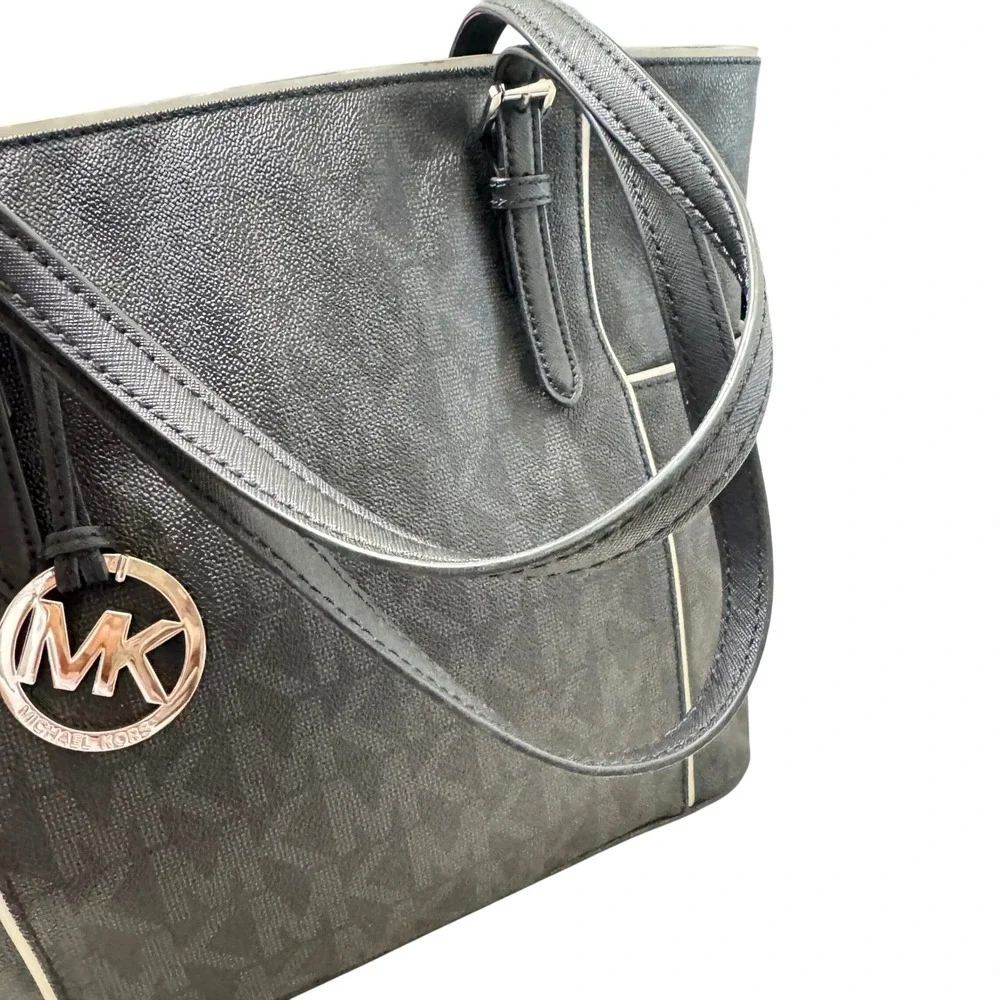 Michael Kors Jet Set Signature Logo Tote Womens Large Black Silver - Picture 8 of 12